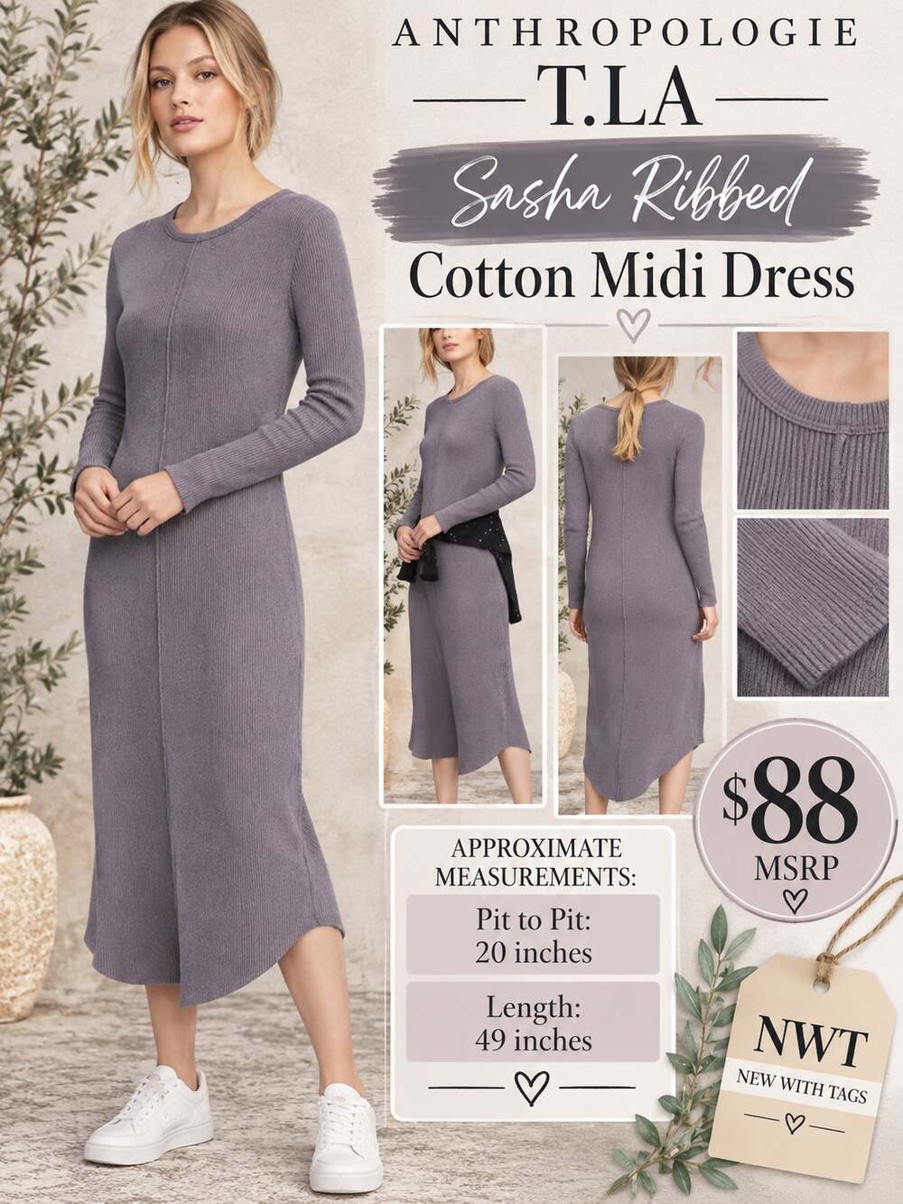 Anthropologie T.LA $88 Sasha Ribbed Cotton Gray Midi Dress Medium NWT